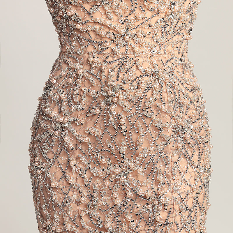 Glamorous Silver Sleeveless Mermaid Gown with Intricate Beaded and Mesh Detailing Prom Dress,LX445