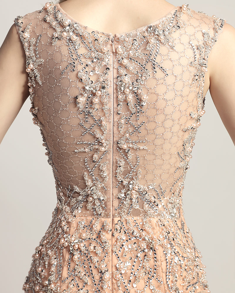 Glamorous Silver Sleeveless Mermaid Gown with Intricate Beaded and Mesh Detailing Prom Dress,LX445
