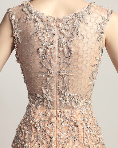 Glamorous Silver Sleeveless Mermaid Gown with Intricate Beaded and Mesh Detailing Prom Dress,LX445