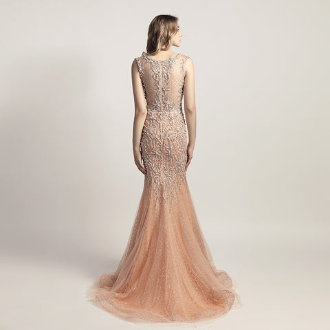 Glamorous Silver Sleeveless Mermaid Gown with Intricate Beaded and Mesh Detailing Prom Dress,LX445