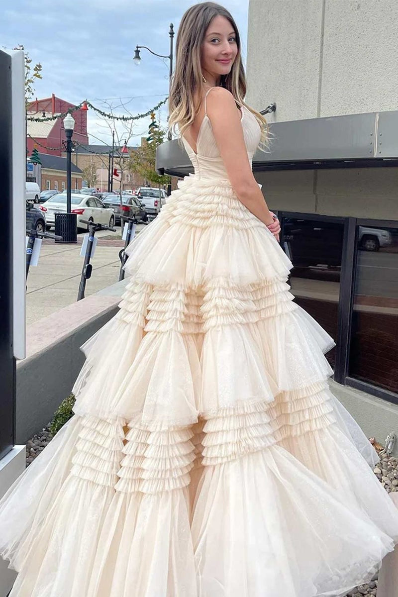 V Neck Spaghetti Straps Tulle Deep  Long Prom Dress