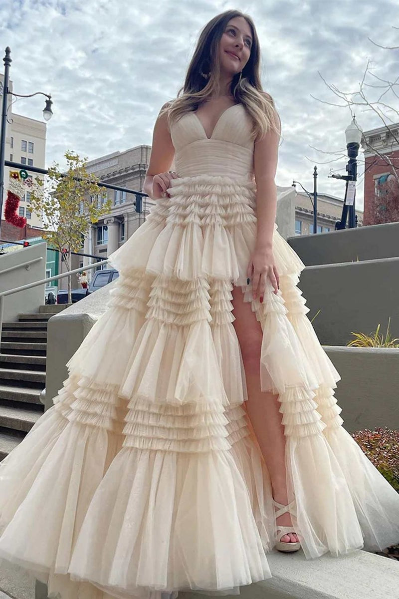V Neck Spaghetti Straps Tulle Deep  Long Prom Dress