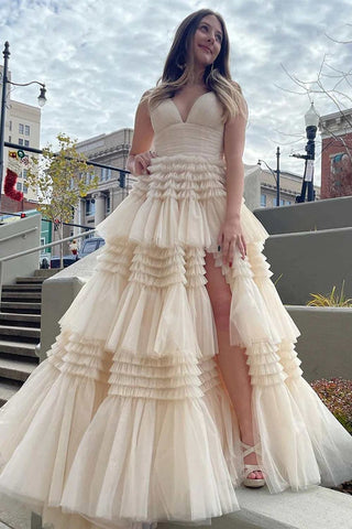 V Neck Spaghetti Straps Tulle Deep  Long Prom Dress