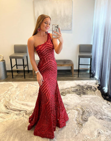 One Shoulder Mermaid Unique  Sequins Prom Dress