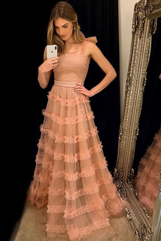 Long Elegant Straps Peach Prom Dress with Cascading Ruffles