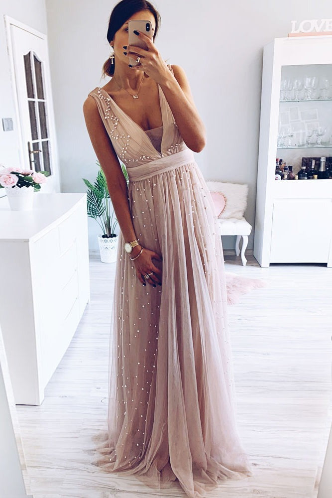 A-Line V Neck Blush Long Prom Dress
