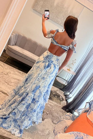 Fairy Sheath V Neck Floral Printed Chiffon Long Prom Dress