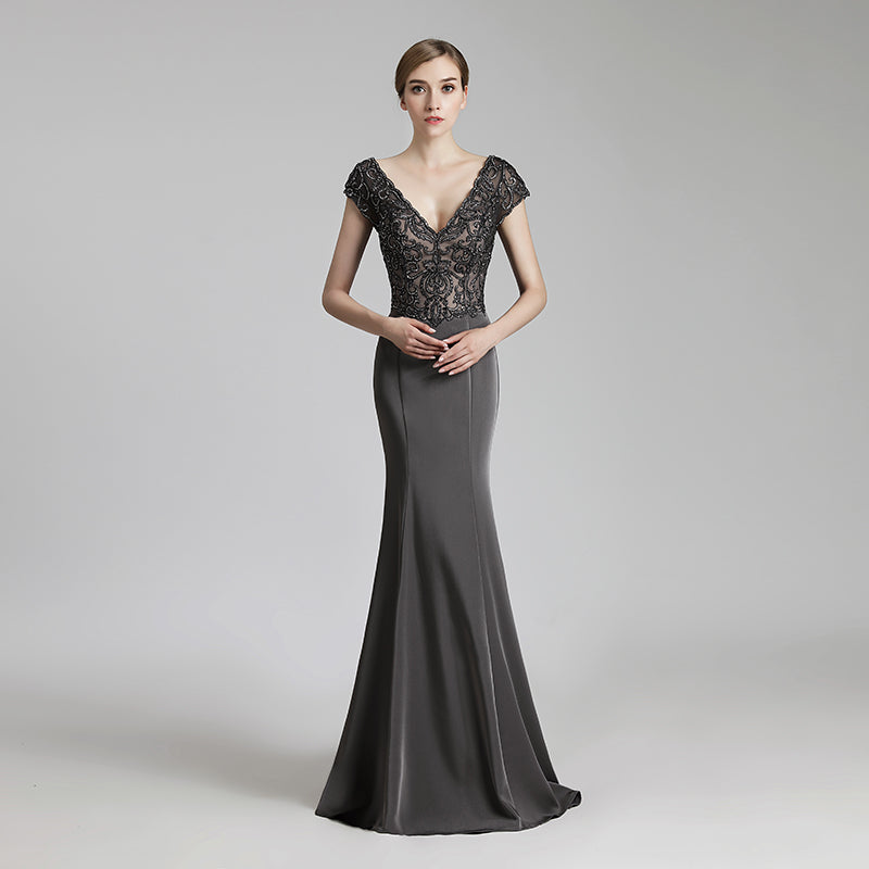 Elegant Deep V - Neck Mermaid Evening Dress with Lace Cap Sleeves,LX438