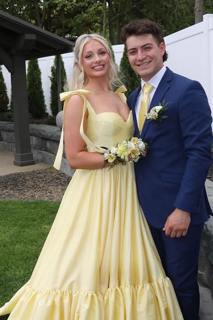 Sweetheart A Line Daffodil Satin Long Prom Dresses with Bow, PD25109