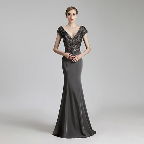 Elegant Deep V - Neck Mermaid Evening Dress with Lace Cap Sleeves,LX438