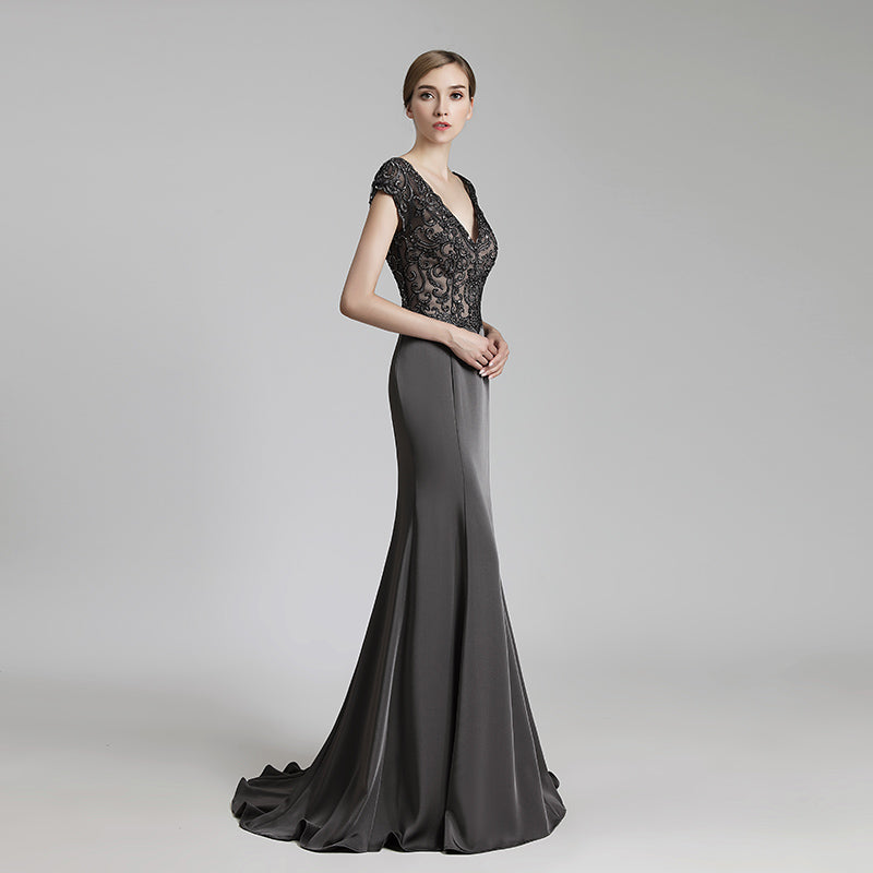 Elegant Deep V - Neck Mermaid Evening Dress with Lace Cap Sleeves,LX438