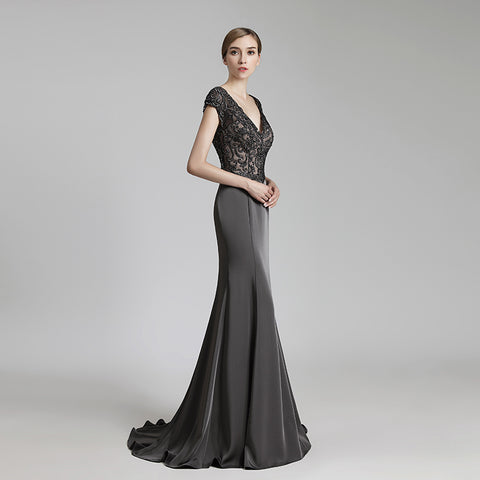 Elegant Deep V - Neck Mermaid Evening Dress with Lace Cap Sleeves,LX438