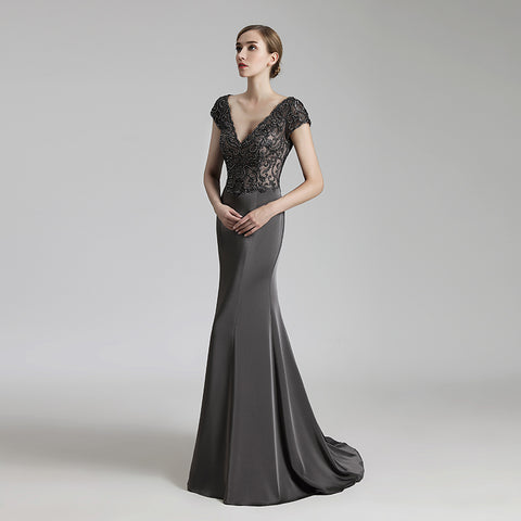 Elegant Deep V - Neck Mermaid Evening Dress with Lace Cap Sleeves,LX438