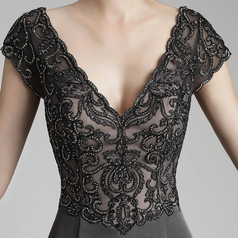 Elegant Deep V - Neck Mermaid Evening Dress with Lace Cap Sleeves,LX438