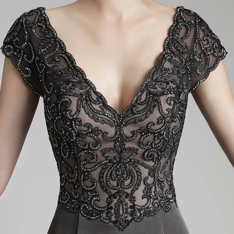 Elegant Deep V - Neck Mermaid Evening Dress with Lace Cap Sleeves,LX438