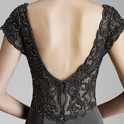 Elegant Deep V - Neck Mermaid Evening Dress with Lace Cap Sleeves,LX438