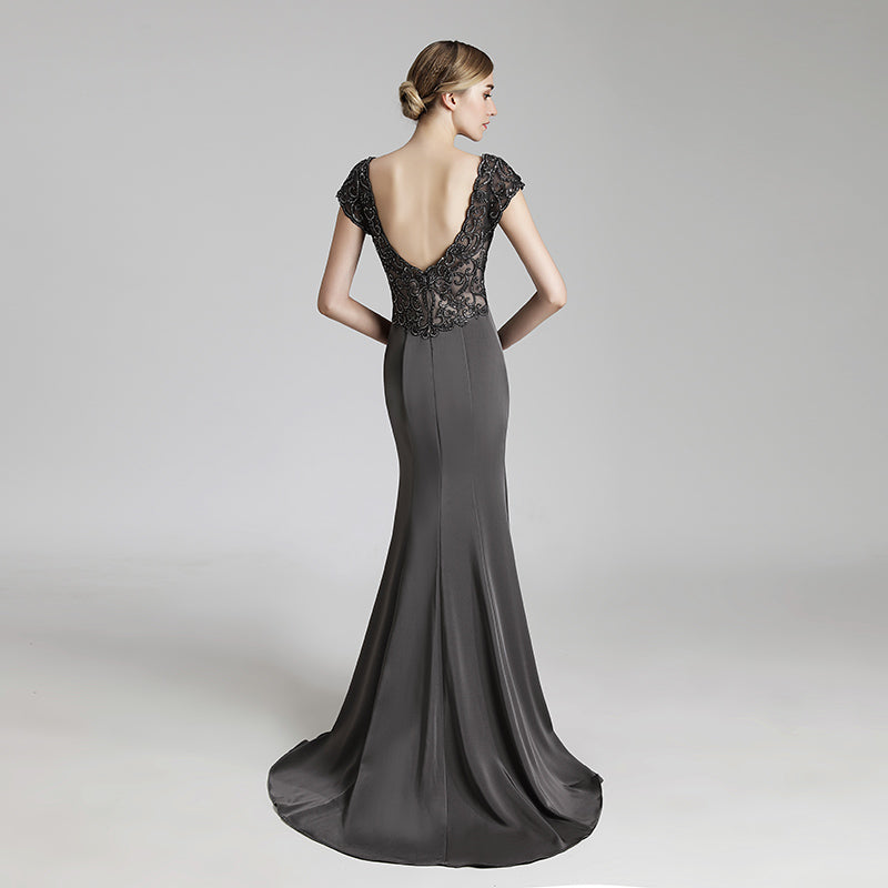 Elegant Deep V - Neck Mermaid Evening Dress with Lace Cap Sleeves,LX438