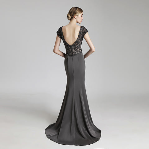 Elegant Deep V - Neck Mermaid Evening Dress with Lace Cap Sleeves,LX438