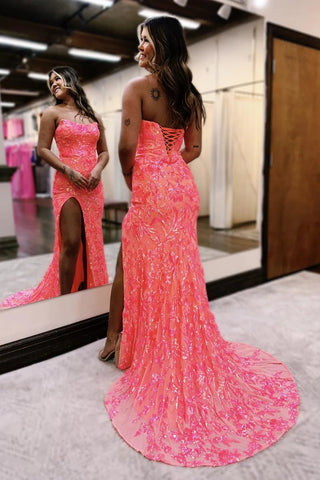 Cute Sheath Mermaid Scoop Neck Coral Sequins Prom Dresses