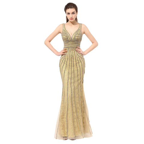Glamorous Sleeveless V - Neck Gold Mermaid Gown with Sequined Stripes Prom Dress,LX352