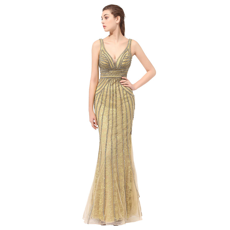 Glamorous Sleeveless V - Neck Gold Mermaid Gown with Sequined Stripes Prom Dress,LX352