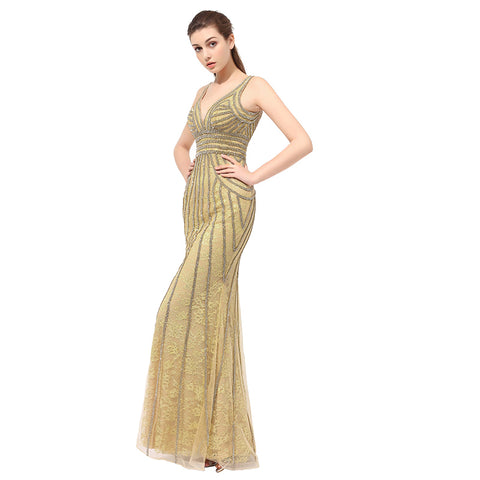 Glamorous Sleeveless V - Neck Gold Mermaid Gown with Sequined Stripes Prom Dress,LX352