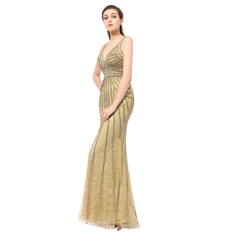 Glamorous Sleeveless V - Neck Gold Mermaid Gown with Sequined Stripes Prom Dress,LX352