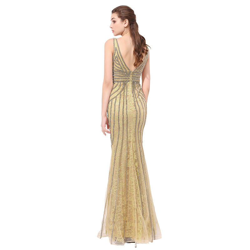 Glamorous Sleeveless V - Neck Gold Mermaid Gown with Sequined Stripes Prom Dress,LX352