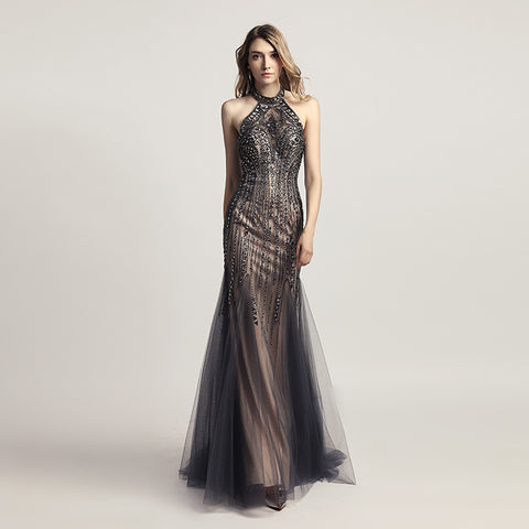 Glamorous Halter Neck Mermaid Gown with Intricate Beadwork and Tulle Overlay Prom Dress,LX437