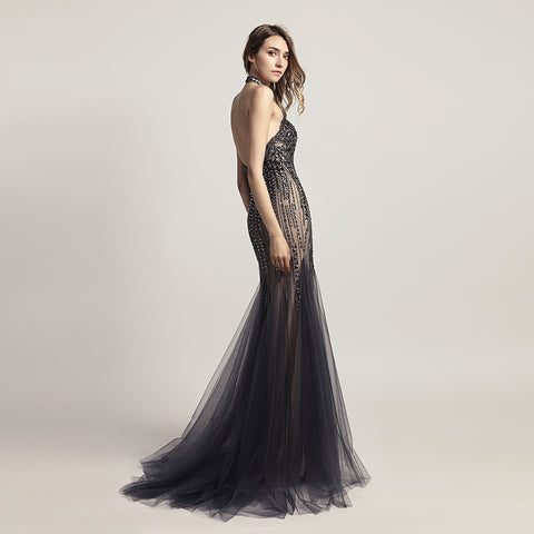 Glamorous Halter Neck Mermaid Gown with Intricate Beadwork and Tulle Overlay Prom Dress,LX437