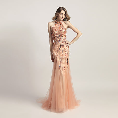 Glamorous Halter Neck Mermaid Gown with Intricate Beadwork and Tulle Overlay Prom Dress,LX437