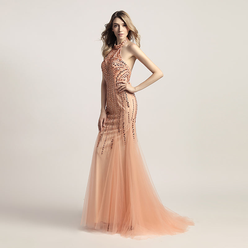 Glamorous Halter Neck Mermaid Gown with Intricate Beadwork and Tulle Overlay Prom Dress,LX437