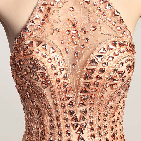 Glamorous Halter Neck Mermaid Gown with Intricate Beadwork and Tulle Overlay Prom Dress,LX437