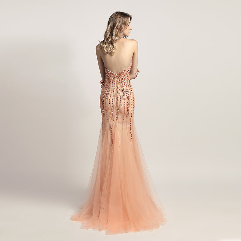 Glamorous Halter Neck Mermaid Gown with Intricate Beadwork and Tulle Overlay Prom Dress,LX437