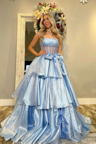 Cute Ball Gown Strapless Light Blue Organza Prom Dress