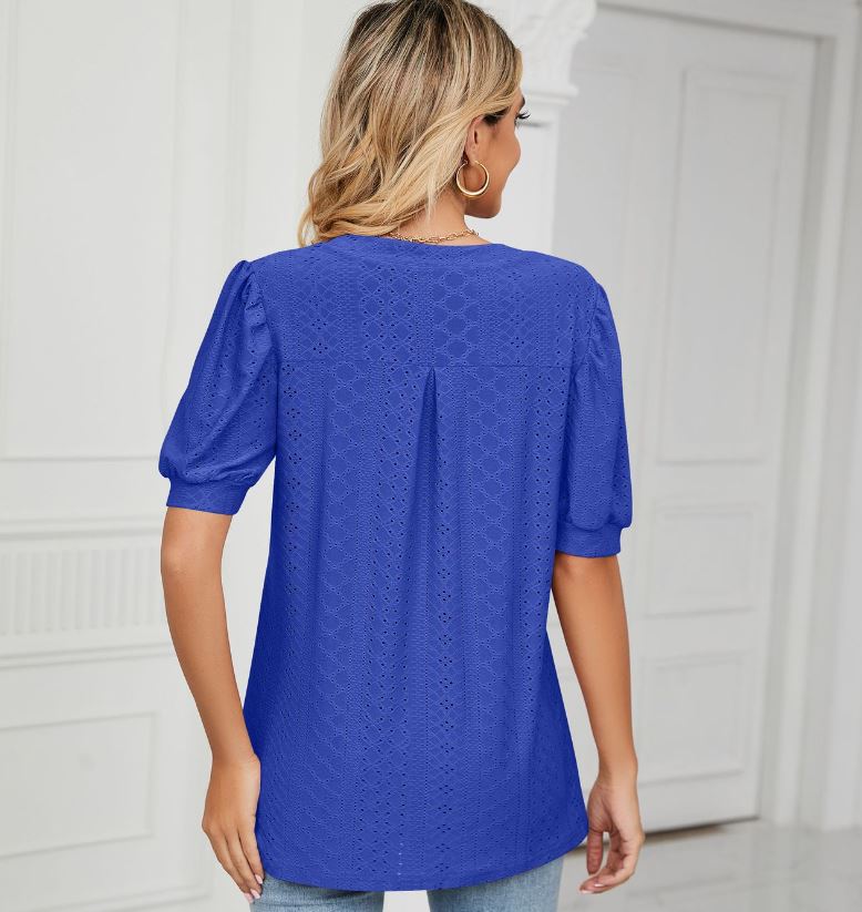 Summer casual V-neck solid color hollow bubble sleeve loose T-shirt