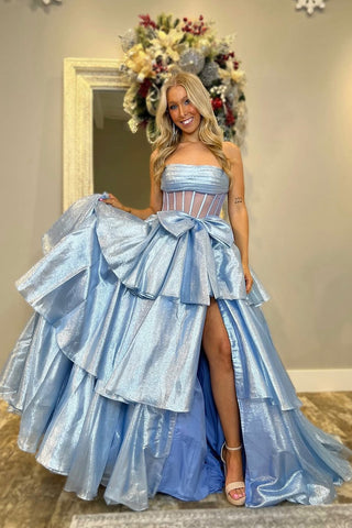Cute Ball Gown Strapless Light Blue Organza Prom Dress