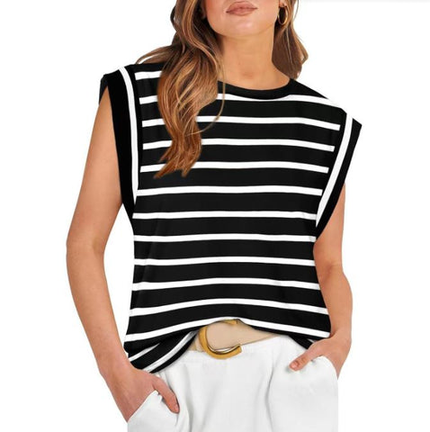 Spring and summer round neck loose short sleeved striped women's vest