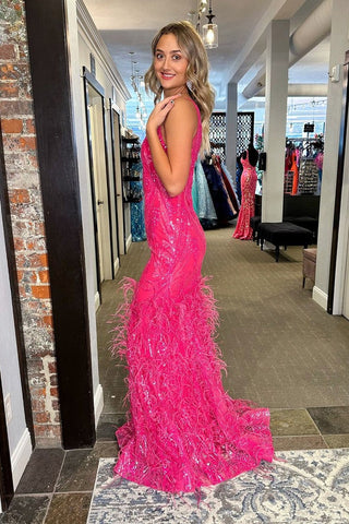 V Neck Fuchsia Sequins Lace Long Mermaid Prom Dress with Feather
