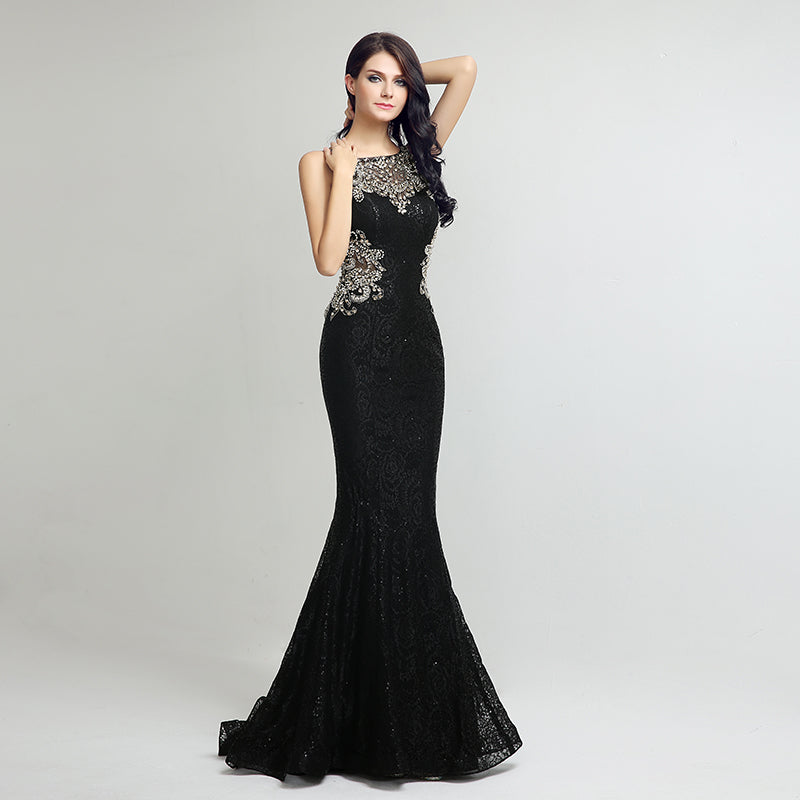 Elegant Sleeveless Black Mermaid Gown with Sparkling Embellishments Prom Dress,LX171