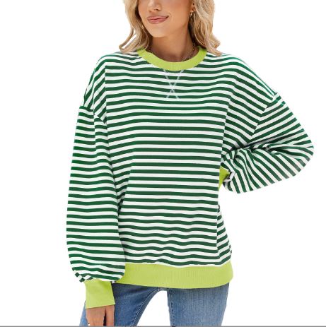 Autumn and winter striped round neck contrasting loose long sleeved sweatshirt jacket for women