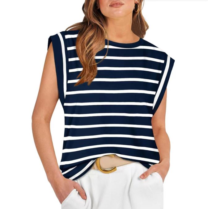 Spring and summer round neck loose short sleeved striped women's vest