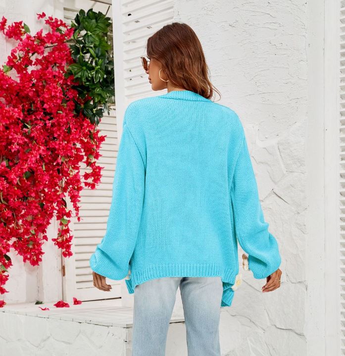 Large size flower cardigan lantern sleeve knitted sweater