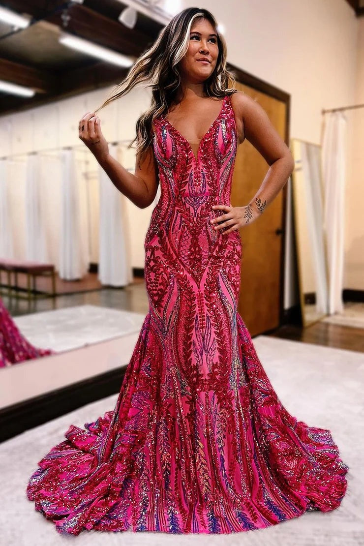 Cute Mermaid Fuchsia Red Sequins Lace Long Prom Dresses