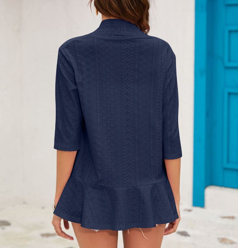 Summer new solid color cardigan jacket with three quarter sleeves and ruffle edge top
