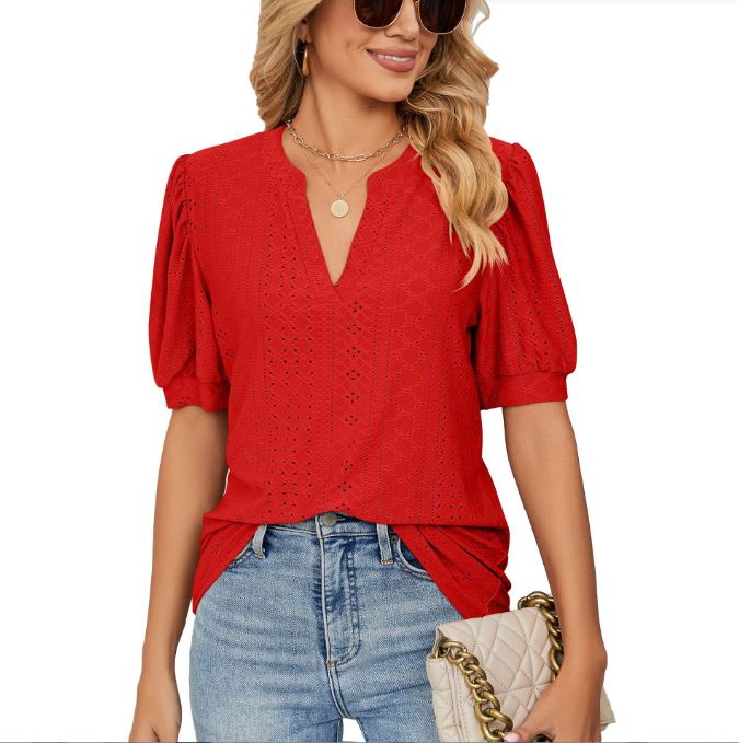 Summer casual V-neck solid color hollow bubble sleeve loose T-shirt