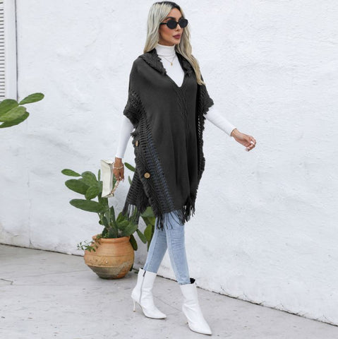 Casual loose V-neck tie hat mid length top jacket