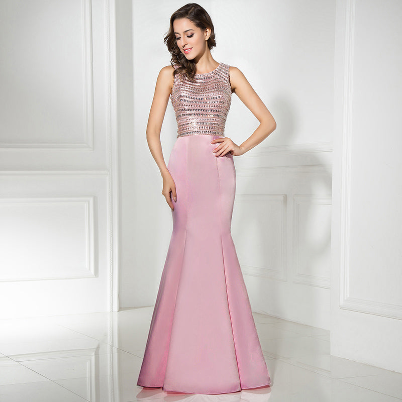 Stylish Sleeveless Pink Mermaid Gown with Embellished Bodice Prom Dress,LX299