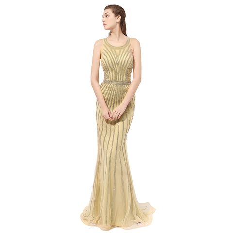 Exquisite Sleeveless Gold Mermaid Gown with Sequined Detailing Prom Dress,LX353