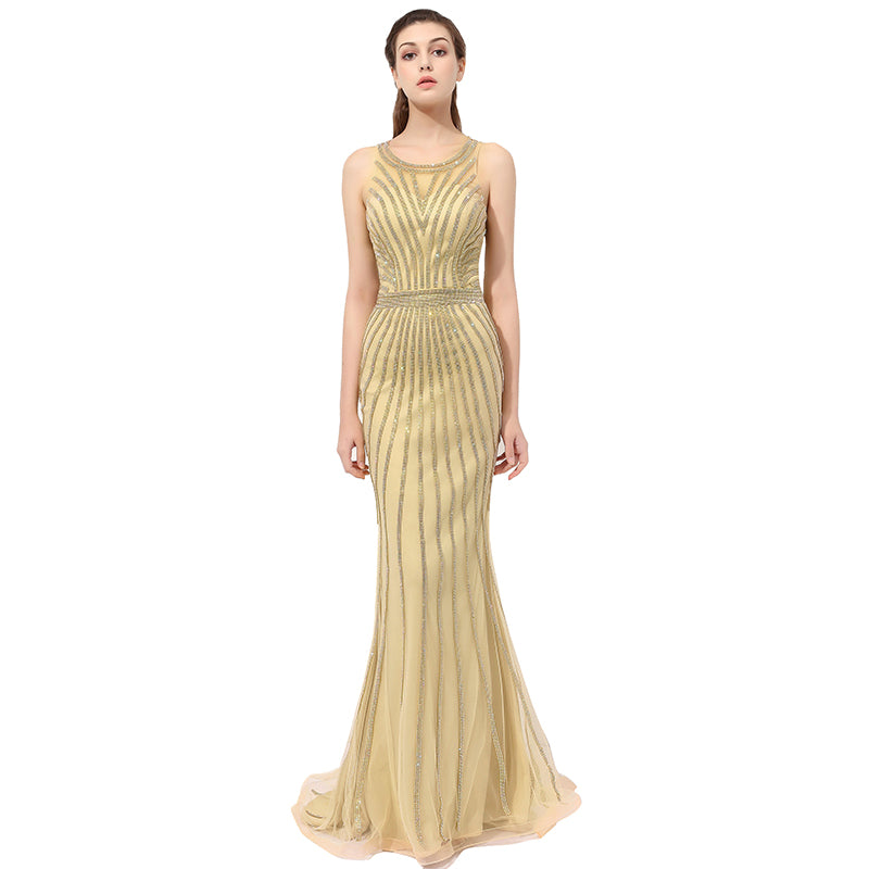 Exquisite Sleeveless Gold Mermaid Gown with Sequined Detailing Prom Dress,LX353